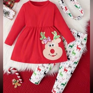 🆕 Adorable 3 piece Christmas reindeer outfit set with matching headband